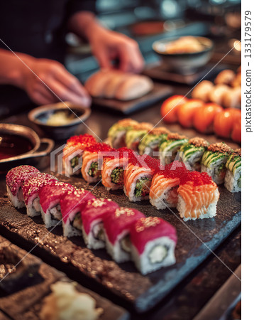 Colorful sushi rolls are being carefully assembled by skilled hands in Japan Colorful sushi rolls are being carefully assembled by skilled hands in Japan 133179579