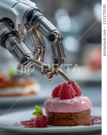 Robot arm plating dessert with precision at a modern culinary scene Robot arm plating dessert with precision at a modern culinary scene 133179580