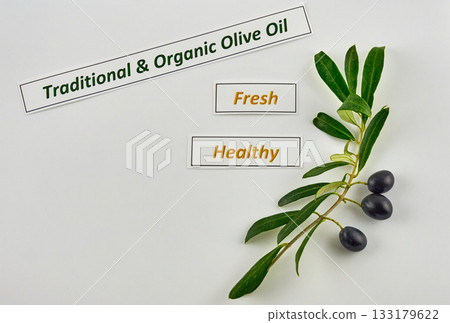 Olive branch with fresh olives on white Olive branch with fresh olives on white 133179622