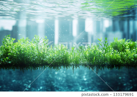 Abstract Underwater View of Aquatic Plants with Reflected Urban Skyline in Background. 133179691