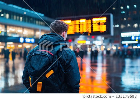 Man with Backpack Watches Schedule Board in Rain at Night. 133179698