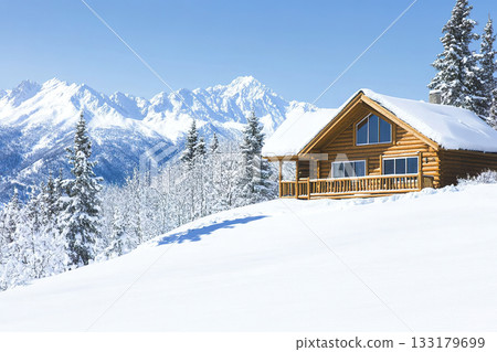 Cozy log cabin in snowy mountain landscape with pine trees and clear sky. 133179699