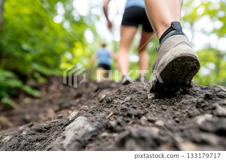 Woman wearing hiking boot ascends muddy path in outdoor summer green scenery. Woman wearing hiking boot ascends muddy path in outdoor summer green scenery. 133179717