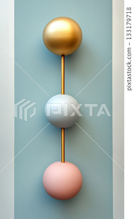 Modern decorative wall art with spherical shapes in gold, blue and pink tones. Modern decorative wall art with spherical shapes in gold, blue and pink tones. 133179718