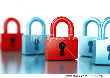 Red padlock security standing out amongst blue locks on reflective surface. Red padlock security standing out amongst blue locks on reflective surface. 133179719
