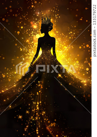 Silhouette of Woman Wearing Crown and Gown Amidst Sparkling Gold Lights. Silhouette of Woman Wearing Crown and Gown Amidst Sparkling Gold Lights. 133179722
