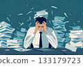 Stressed Caucasian male facing overwhelming paperwork at desk in office. 133179723