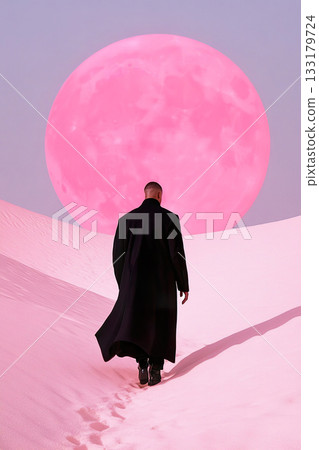 man in a long coat walking on a textured terrain with a giant pink moon. man in a long coat walking on a textured terrain with a giant pink moon. 133179724
