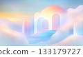 Surreal dreamscape with ethereal archways and stairs amid clouds. 133179727