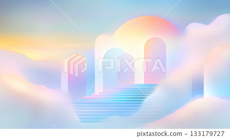 Surreal dreamscape with ethereal archways and stairs amid clouds. Surreal dreamscape with ethereal archways and stairs amid clouds. 133179727