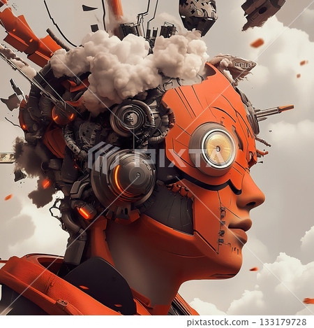 Futuristic android with explosive mechanical headgear and gears. Futuristic android with explosive mechanical headgear and gears. 133179728