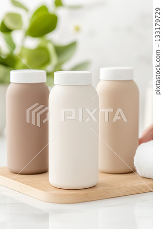 Bottles of skincare products on wooden tray with green plant in background. Bottles of skincare products on wooden tray with green plant in background. 133179729