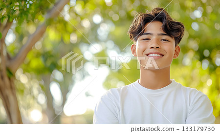 Hispanic teen smiling outdoors in nature with sunlit trees. Hispanic teen smiling outdoors in nature with sunlit trees. 133179730