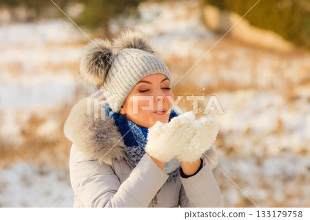 Female wearing warm outfit during winter 133179758