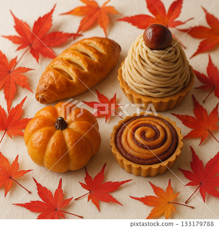 Autumn leaves and autumn baked goods assortment 133179788