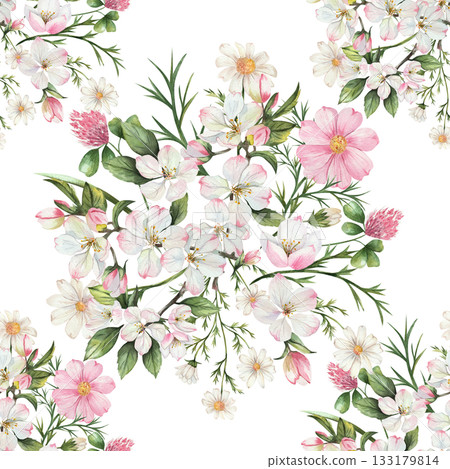 Seamless watercolor floral pattern. White apple blossoms, pink cosmos, clover, daisies, green leaves. Isolated on a white background. Illustration for textiles, wallpaper, wrapping paper Seamless watercolor floral pattern. White apple blossoms, pink cosmos, clover, daisies, green leaves. Isolated on a white background. Illustration for textiles, wallpaper, wrapping paper 133179814