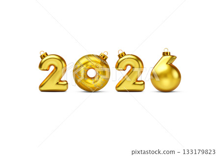 Golden christmas and new year ornaments for 2026, featuring shiny baubles with numbers, isolated for holiday designs 133179823