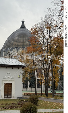 Dome of a historical building surrounded by autumn trees under a cloudy sky Dome of a historical building surrounded by autumn trees under a cloudy sky 133179888