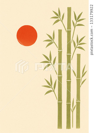 一張簡潔的新年賀卡，圖案是竹林和晨曦。 133179922