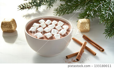 Cozy hot chocolate with marshmallow, cinnamon stick and evergreen branch, festive warm winter drink mood 133180011
