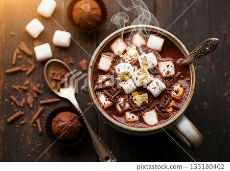 Luxury Hot Chocolate Styling with Marshmallows, Chocolate Shavings, and Gold Leaf on Dark Wood Surface Luxury Hot Chocolate Styling with Marshmallows, Chocolate Shavings, and Gold Leaf on Dark Wood Surface 133180402
