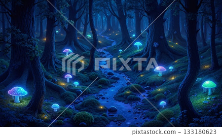 The image shows an artistic depiction of a forest with bioluminescent mushrooms 133180623