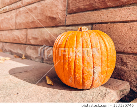 Vibrant orange pumpkin resting on stone surface with textured wall in background, showcasing autumnal essence and seasonal charm Vibrant orange pumpkin resting on stone surface with textured wall in background, showcasing autumnal essence and seasonal charm 133180746