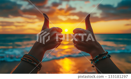 Hands giving thumbs up gesture against a vibrant sunset over the ocean with waves crashing Hands giving thumbs up gesture against a vibrant sunset over the ocean with waves crashing 133181297