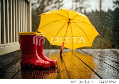 Bright red rubber boots beside a yellow umbrella on a wet wooden deck during rain Bright red rubber boots beside a yellow umbrella on a wet wooden deck during rain 133181298