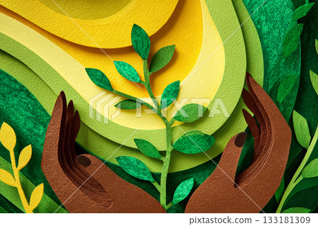 Hands holding a small green plant surrounded by vibrant layered paper textures and colors Hands holding a small green plant surrounded by vibrant layered paper textures and colors 133181309