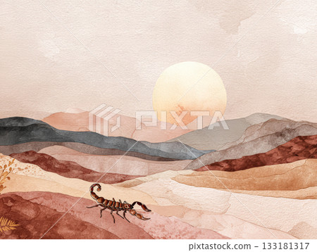 Watercolor illustration of a scorpion in a desert landscape with mountains and a setting sun Watercolor illustration of a scorpion in a desert landscape with mountains and a setting sun 133181317