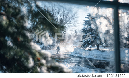 Individual shoveling snow on a winter day with frosty trees and sunlight illuminating the scene 133181321