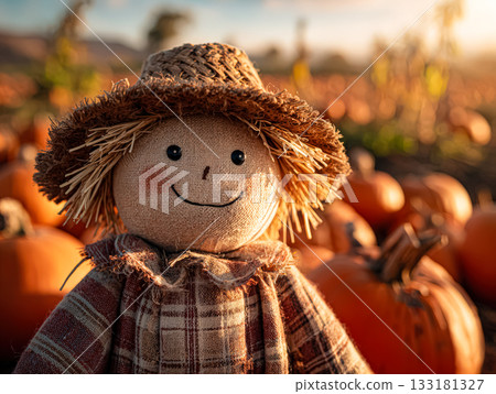 Scarecrow with straw hat and plaid shirt surrounded by pumpkins in a vibrant autumn field 133181327