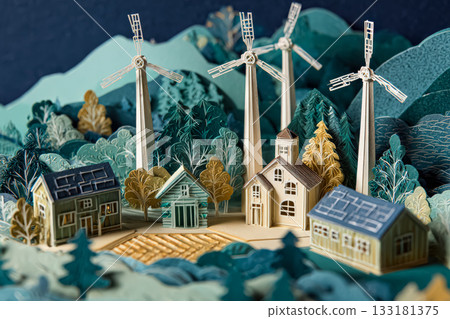 Paper cut landscape with wind turbines, houses, and trees in a colorful, artistic scene 133181375