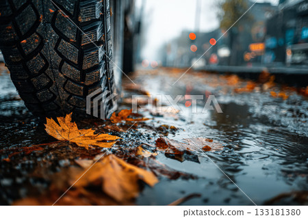 Close-up of tire on wet pavement surrounded by fallen autumn leaves in urban setting Close-up of tire on wet pavement surrounded by fallen autumn leaves in urban setting 133181380