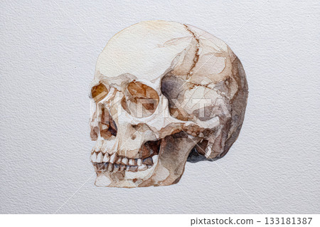 Watercolor illustration of a human skull with intricate details for Halloween concept 133181387