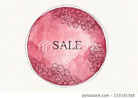 Watercolor illustration of a circular sale sign with artistic textures and vibrant colors 133181388
