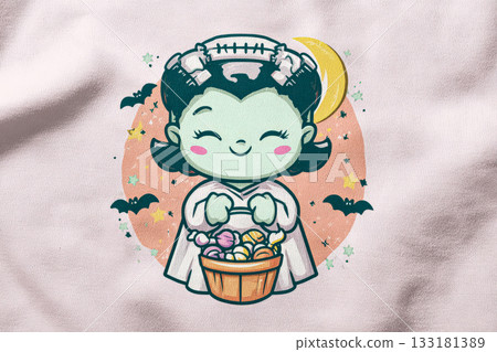 Cute cartoon girl in Halloween costume holding basket of candy with spooky elements and moon 133181389