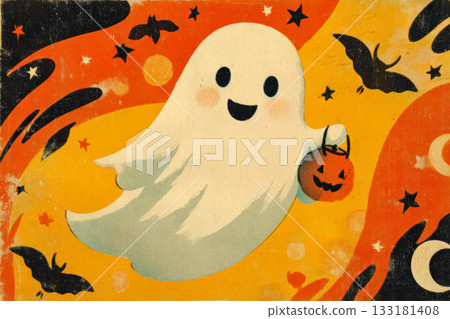Happy ghost illustration holding pumpkin bucket in vibrant Halloween-themed background with bats 133181408