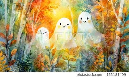 Whimsical watercolor illustration of cheerful ghosts in a vibrant autumn forest setting 133181409