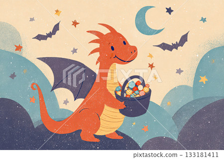 Colorful dragon illustration holding a bucket of candy under a moonlit Halloween sky Colorful dragon illustration holding a bucket of candy under a moonlit Halloween sky 133181411