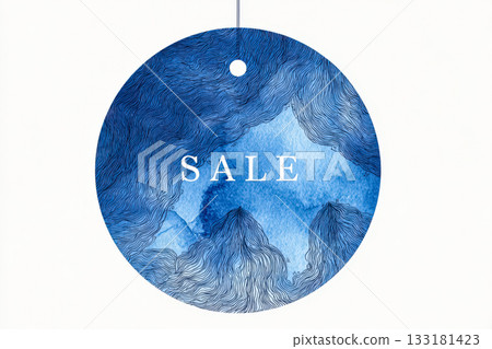 Circular watercolor illustration featuring blue abstract mountains with sale text in the center Circular watercolor illustration featuring blue abstract mountains with sale text in the center 133181423