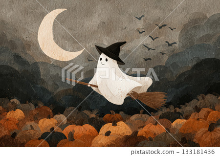 Whimsical ghost flying on broomstick over pumpkin patch under moonlit sky for Halloween 133181436