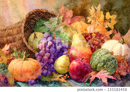Colorful harvest arrangement with cornucopia filled with fruits and autumn leaves for Thanksgiving celebration 133181458