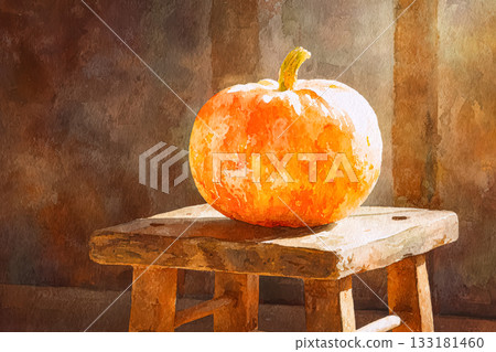 Vibrant orange pumpkin resting on rustic wooden stool in warm, inviting autumn light Vibrant orange pumpkin resting on rustic wooden stool in warm, inviting autumn light 133181460