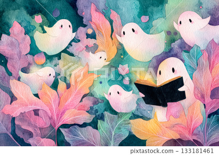 Whimsical ghosts reading in a colorful, enchanted forest with vibrant foliage and magical ambiance Whimsical ghosts reading in a colorful, enchanted forest with vibrant foliage and magical ambiance 133181461