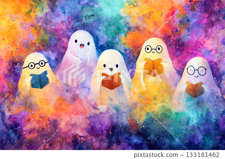 Colorful watercolor illustration of playful ghosts reading books in a vibrant Halloween atmosphere Colorful watercolor illustration of playful ghosts reading books in a vibrant Halloween atmosphere 133181462