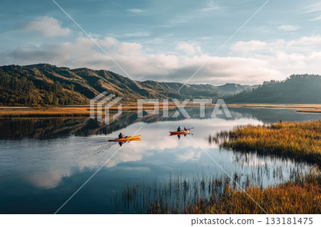 Kayakers paddling on tranquil lake surrounded by lush hills and vibrant autumn foliage 133181475