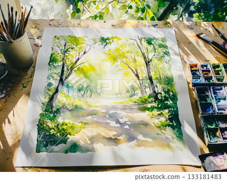 Watercolor illustration of a serene forest path with vibrant greenery and soft sunlight 133181483