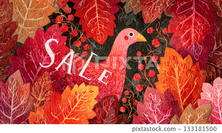Colorful autumn leaves with a whimsical bird illustration for Thanksgiving harvest celebration 133181500